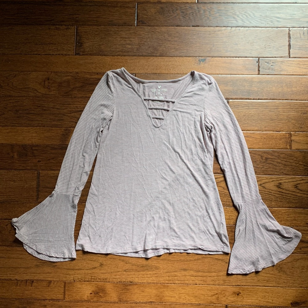 American Eagle Heather Burgundy Stripe Tee Size XS